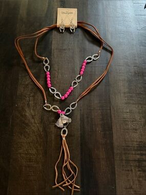 Wrangler Hot Pink Beaded Brown Leather Tassel Necklace with Silver Horse Charm